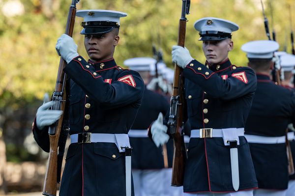 U.S. Marines with the Silent Drill Platoon, Marine Barracks Washington, perform for the citizens of Philadelphia during Navy-Marine Week Philadelphia at Independence Hall, Philadelphia, P.A. on October 12, 2023. Marines are participating in numerous events throughout the city of Philadelphia to increase awareness and establish lasting relationships with communities throughout the area. (U.S. Marine Corps photo by Staff Sgt. Kelsey Dornfeld)