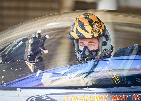 Capt. Joshua Holden, 79th Fighter Squadron pilot, displays his squadron’s signature “Tiger, Tiger” hand signal during exercise Tiger Claw 24-2, an Agile Combat Employment generation exercise at Shaw Air Force Base, S.C., Nov. 7, 2023. The 79th FS is dedicated to sharpening the skills of their pilots to provide effective combat airpower in defense of the United States and its allies anytime, anywhere. (U.S. Air Force photo by Airman 1st Class Steven Cardo) 