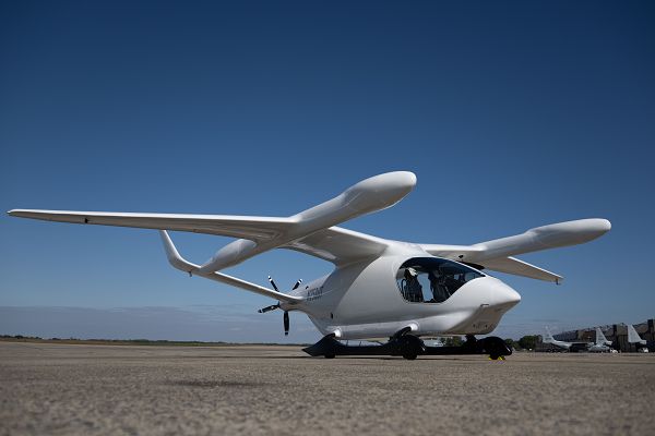 A BETA Technologies Alia conventional takeoff and landing aircraft sits on the flightline at Joint Base Andrews, Md., Oct. 18, 2023. AFWERX, in collaboration with BETA Technologies, an electric aerospace company, landed the all-electric aircraft at JB Andrews during a multistop flight from Vermont to Florida. (U.S. Air Force photo by Airman 1st Class Gianluca Ciccopiedi) 