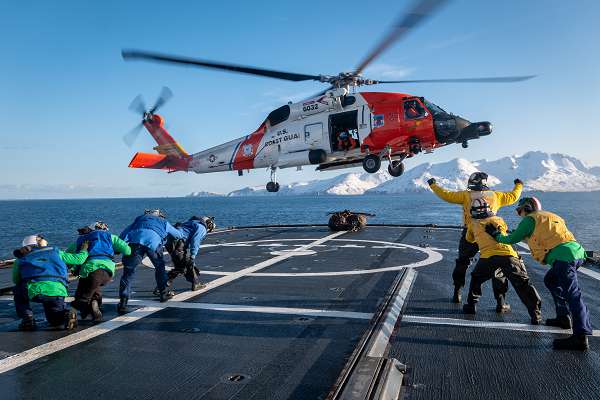 Crew members from Coast Guard Cutter Alex Haley conducting helicopter operations with a Coast Guard Air Station Kodiak MH-60 Jayhawk helicopter aircrew in the Bering Sea, January 8, 2024. These helicopter operations included Helicopter in Flight Refueling (HIFR) training. During this HIFR training the cutter crew and helicopter crew refueled the helicopter while it maintained a hover over the flight deck of the cutter.The HIFR method is used to refuel helicopters too large to be accommodated on the flight deck, or when flight deck motion is out of limits. Another added benefit of a HIFR method of refueling in the Bering Sea, is that a helicopter engaged in an urgent medevac or search and rescue case may refuel relatively quickly while remaining airborne. - U.S. Coast Guard photo by Coast Guard Cutter Alex Haley crewmembers