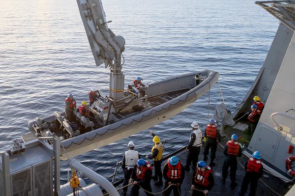 PACIFIC OCEAN (Feb. 22, 2024) Sailors assigned to the San Antonio-class amphibious transport dock ship USS San Diego (LPD 22) lower an 11-meter rigid hull inflatable boat over the side of the ship while underway in the Pacific Ocean for NASA’s Underway Recovery Test 11, Feb. 22, 2024. In preparation for NASA’s Artemis II crewed mission, which will send four astronauts in Orion beyond the moon, NASA and the Department of Defense will conduct a series of tests to demonstrate and evaluate the processes, procedures and hardware used in recovery operations for crewed lunar missions. Amphibious transport docks, like USS San Diego, have unique capabilities that make it an ideal partner to support NASA, including embarking helicopters, launching and recovering small boats, three dimensional air search radar and advanced medical facilities. (U.S. Navy photo by Mass Communication Specialist 2nd Class Connor Burns)