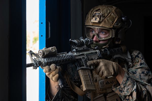U.S. Marine Corps Cpl. Cole Kitchin, an antitank missile gunner with Battalion Landing Team 1/1, 31st Marine Expeditionary Unit, posts security while conducting military operations on urbanized terrain training at Camp Hansen, Okinawa, Japan, Jan. 5, 2024. MOUT training provides the organization, planning, and knowledge needed to be successful when conducting operations in an urban environment. The 31st MEU, the Marine Corps’ only continuously forward-deployed MEU, provides a flexible and lethal force ready to perform a wide range of military operations as the premiere crisis response force in the Indo-Pacific region. (U.S. Marine Corps photo by Lance Cpl. Osmar Gutierrez)