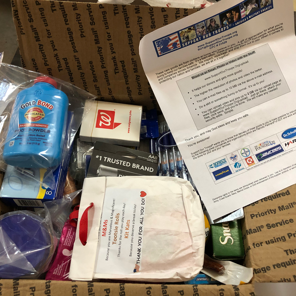 Catherine support our troops org care package
