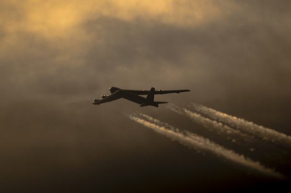 A U.S. Air Force B-52H Stratofortress assigned to the 69th Expeditionary Bomb Squadron flies over Europe during Bomber Task Force 25-2 at RAF Fairford, United Kingdom, Feb. 27, 2025. BTF 25-2 demonstrated the ability to rapidly deploy strategic assets in support of global stability. (U.S. Air Force photo by Master Sgt. Chris Hibben) 