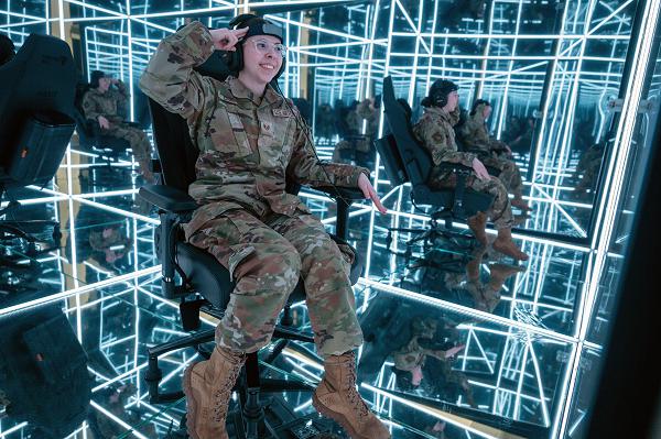 Staff Sgt. Kaylin Cornell, a 673rd Force Support Squadron fitness assessment cell manager, sits in the MindGym at Joint Base Elmendorf-Richardson, Alaska, Feb. 26, 2025. The MindGym is a facility designed to bolster mental resilience and cognitive performance for service members and their families by offering a sensory-controlled environment where users engage in guided mindfulness sessions. (U.S. Air Force photo by Airman 1st Class Hunter Hites) 