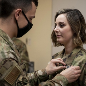 Air Force Staff Sgt. Frank Franco recites the oath of enlistment during a change of service ceremony at Osan Air Base, South Korea, Feb. 5, 2021. Frank and his wife, Jamie, both made the jump from the Air Force to the Space Force. (Photo By: Staff Sgt. Betty R. Chevalier)