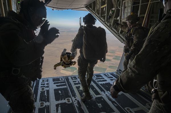 A Special Tactics Airman assigned to the 24th Special Operations Wing conducts a military free fall over Cannon Air Force Base, New Mexico on March 1, 2024. Supported by U.S. Special Operations Command, Emerald Warrior is a joint special operations exercise that prepares U.S. Special Operations Command forces, Conventional Enablers, Partner Forces, and Interagency Elements to respond to various threats across the spectrum of conflict. (U.S. Air Force Photo by Senior Airman Natalie Vandergriff)