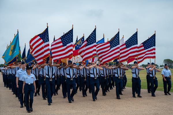 More than 600 Airmen assigned to flights 301-315, graduated from basic military training at Joint Base San Antonio-Lackland, Texas, April 24-25, 2024. U.S. Space Force Lt. Gen. DeAnna Burt, deputy chief of space operations for operations, cyber and nuclear, reviewed the ceremony. (U.S. Air Force photo by Ava Leone) 