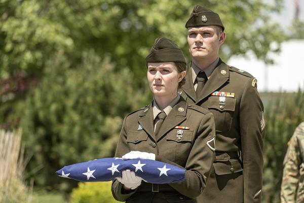 Idaho National Guardsmen, alongside members of the public, conduct a Memorial Day ceremony at the Gowen Field Memorial Park, Idaho, May 25, 2023. This ceremony, accompanied by a memorial brick dedication, is held annually to honor fallen Idaho Guardsmen. (U.S. Air National Guard photo by Staff Sergeant Joseph Morgan)