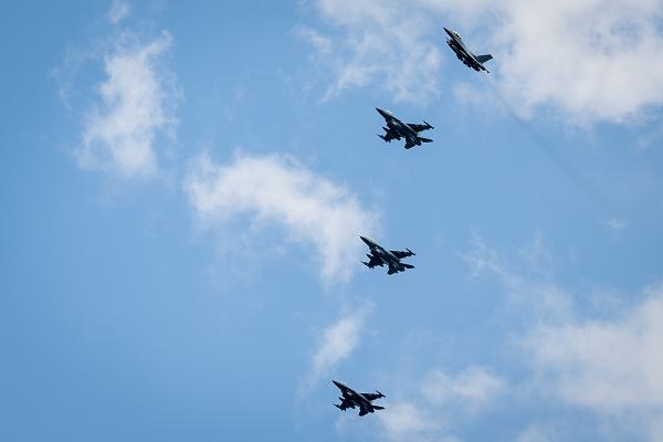 Four U.S. Air Force F-16 Fighting Falcons assigned to the 480th Fighter Squadron return from routine training during Astral Knight 24, at Geilenkirchen NATO Air Base, Germany, May 14, 2024. When adversaries know the U.S. Air Force can employ airpower in a contested environment, side-by-side with capable Ally and partner forces, they are more likely to respect national sovereignty and make decisions that improve global safety and security. (U.S. Air Force photo by Airman 1st Class Albert Morel)
