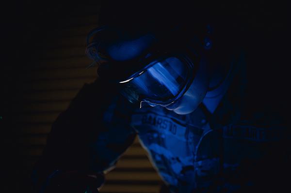 Airman 1st Class Gwynavere Baarstad, 325th Maintenance Squadron non-destructive inspection apprentice, checks a simulated aircraft part for damage at Tyndall Air Force Base, Fla., Jan. 30, 2024. Several methods such as ultrasound, X-rays and fluorescent penetrant are used by 325th MXS NDI Airmen to ensure aircraft equipment is operational and mission ready. (U.S. Air Force photo by Airman 1st Class Zeeshan Naeem) 