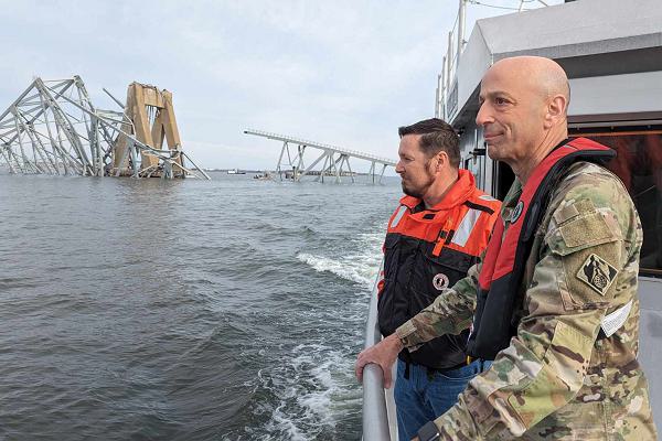 USACE Chief of Engineers Lt. Gen. Scott Spellmon views damage of the fallen Francis Scott Key Bridge that collapsed in Baltimore, March 26, 2024.  In accordance with USACE’s federal authorities, USACE will lead the effort to clear the channel as part of the larger interagency recovery effort to restore operations at the Port of Baltimore.