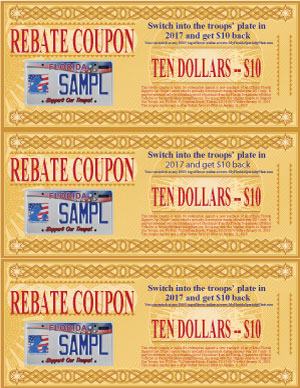 Support Our Troops Vanity License Plate Rebate Coupon - 3 up